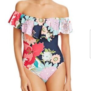 Trina Turk Royal Botanical Off Shoulders One Piece Swimsuit Floral Size 4
